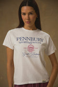 Model wearing Pennbury Sports & Social baby tee styled with joggers
